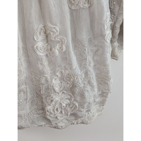 Tempo Paris Ivory Boho Tunic 3D Flowers Sequins Flowy Fairy 3/4 Sleeve Sz L - Picture 7 of 11